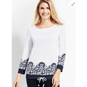 T by Talbots White Navy Floral Paisley Drawstring Hem 3/4 Sleeve Top